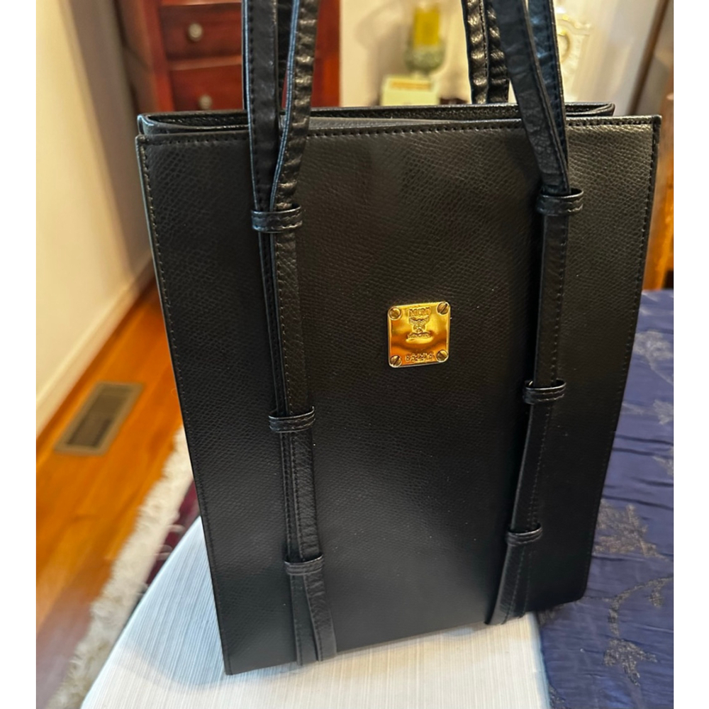 MCM Black Leather Gold Logo Tall Tote Bag - Picture 3 of 13